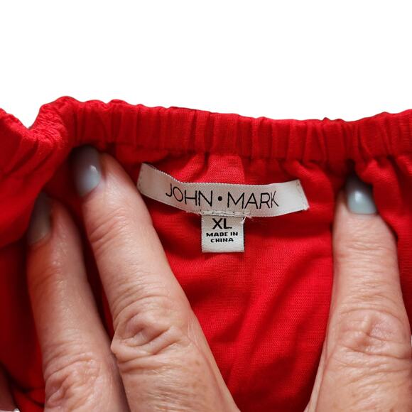 John Mark Red Eyelet Peasant Blouse Top, Cotton, Ruffle Sleeves sz XL - Picture 6 of 12